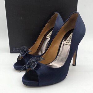 Badgley Mischka Satin Crystal & Mesh Accent 8.5 pumps. Navy blue. 4.5in heel.